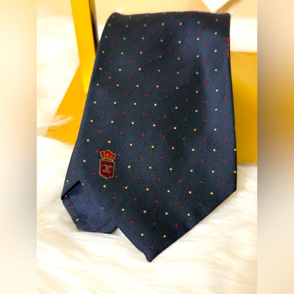 CHANEL Dark Blue Tie with Red Dots - Picture 1 of 15